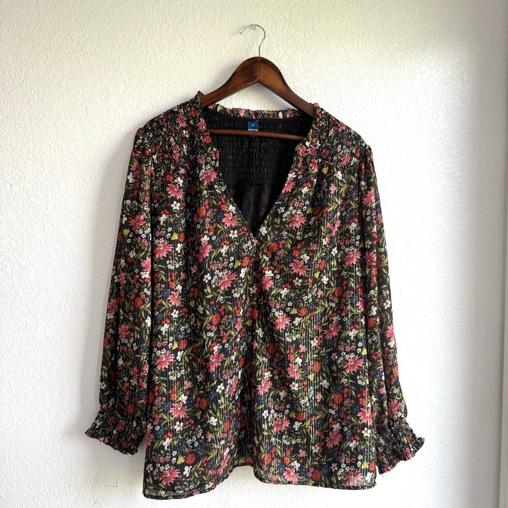 Old Navy Womens Shirt Blouse Black Floral Multicolor Long Sleeve Plus Size 3X